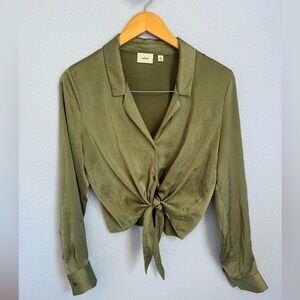 Aritzia Wilfred Tie-Front Long Sleeve Green Satin Blouse Size Medium